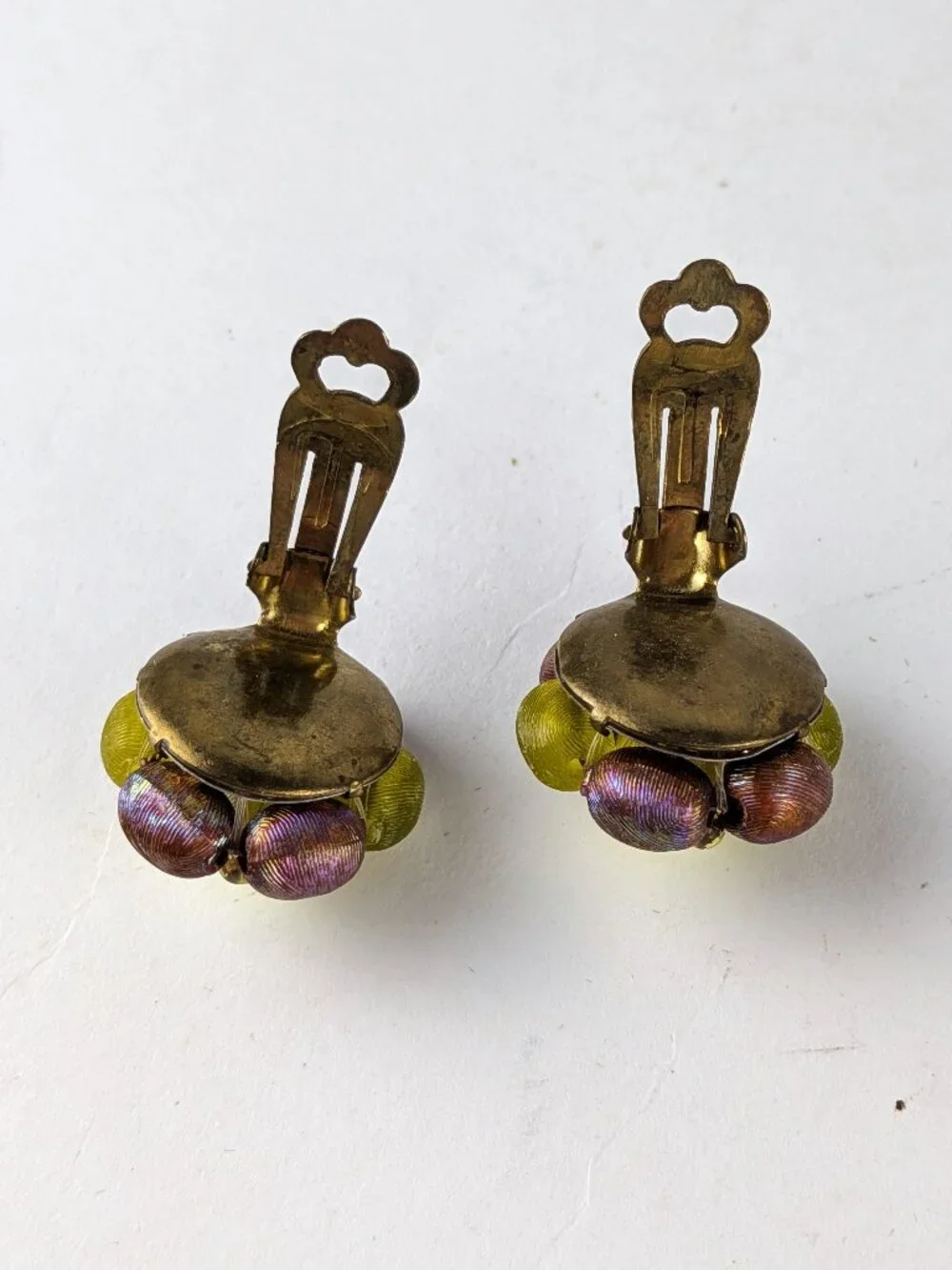 Vintage Iridescent Brown & Lime Green Beaded Clip-On Earrings